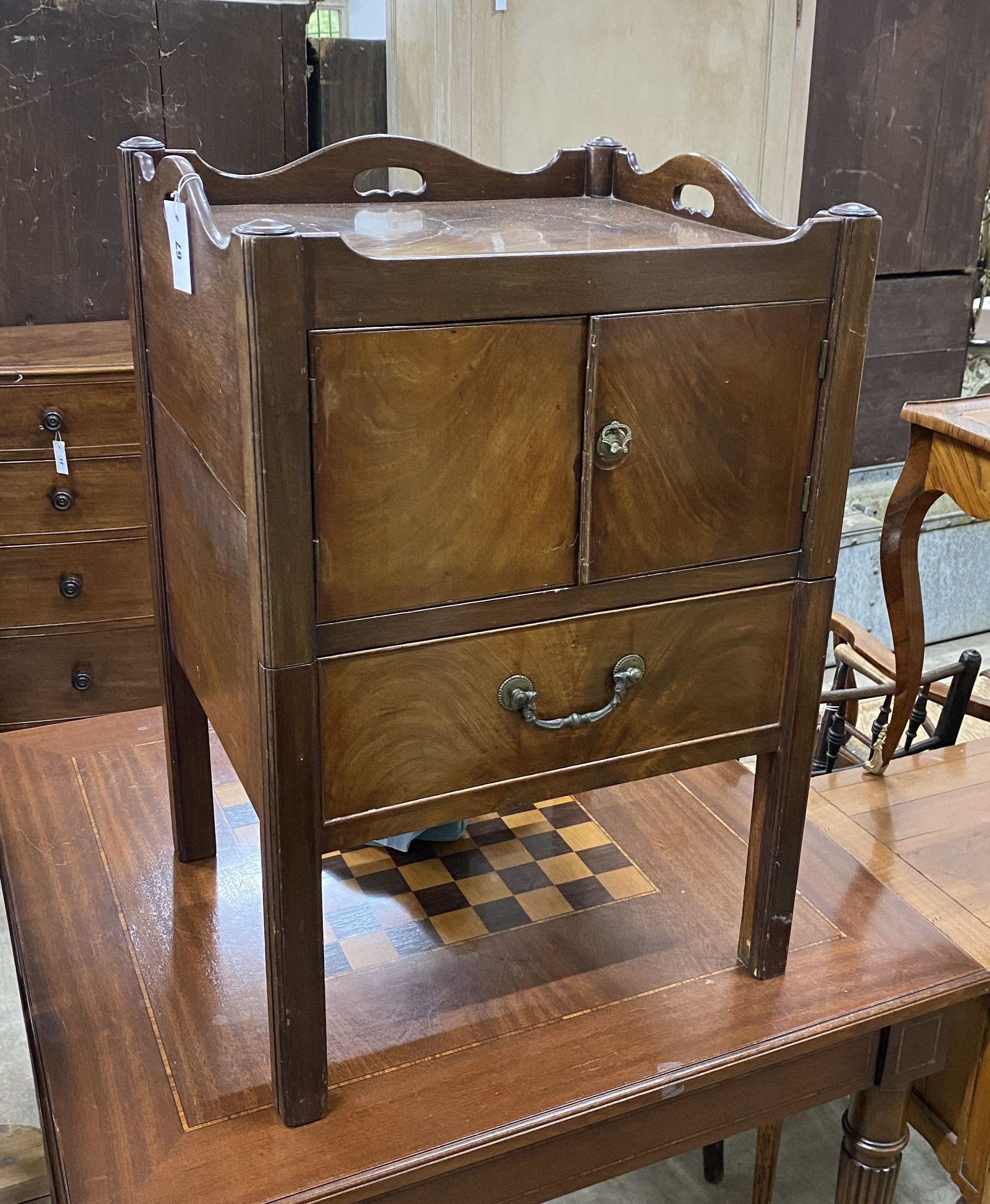 A George III mahogany tray topped bedside cupboard, width 52cm, depth 47cm, height 79cm